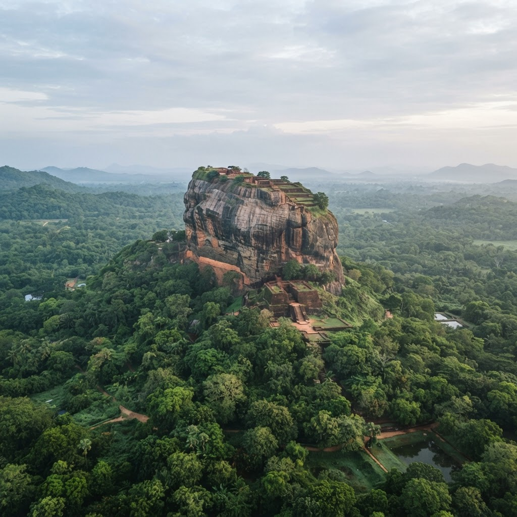 Sigiriya Lion Rock fortress rising from lush green jungle