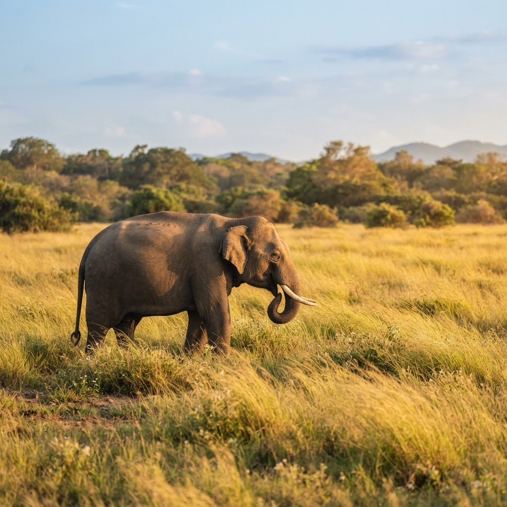 A wild elephant grazing in golden grassland at a Sri Lankan national park