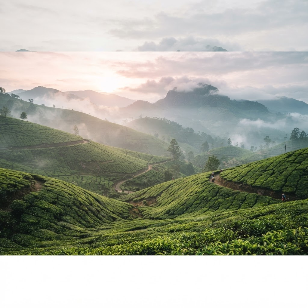 Misty green tea plantations in the Sri Lankan hill country at dawn