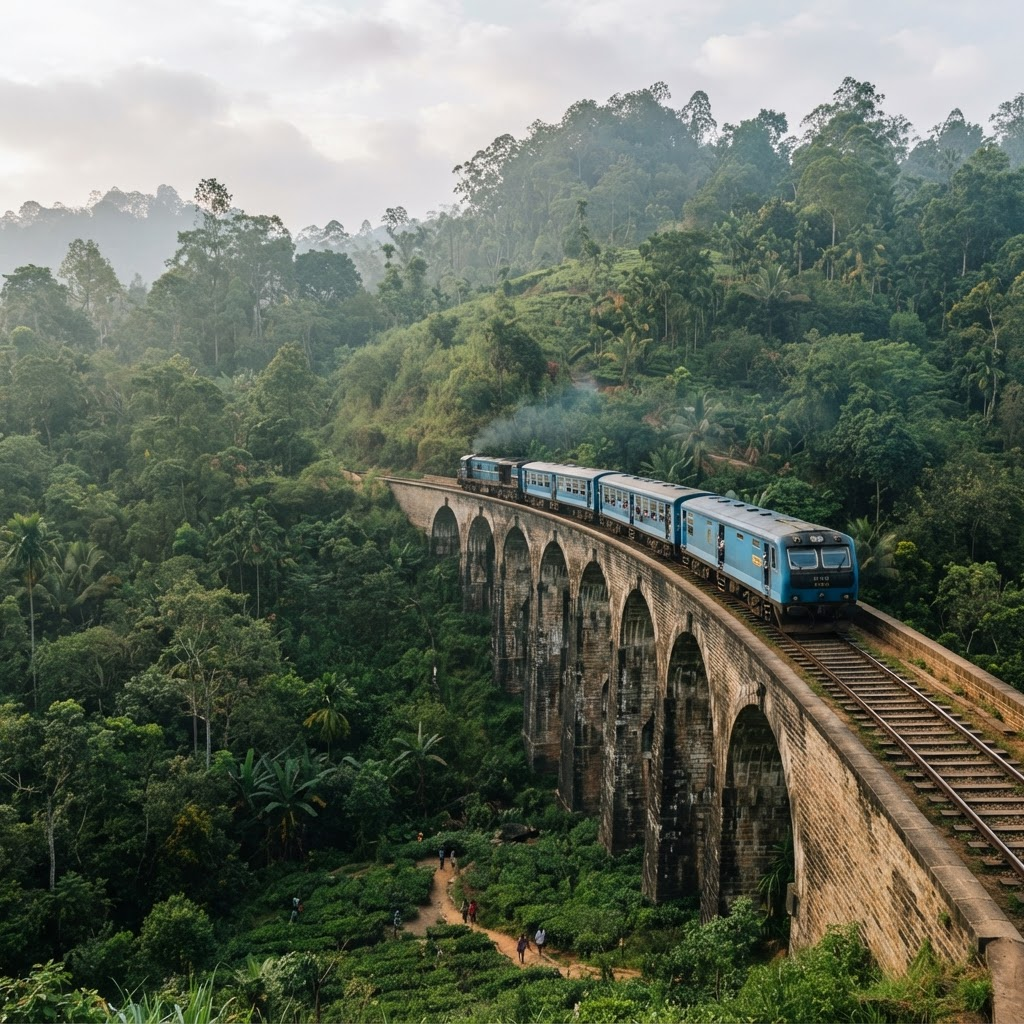 A blue train crossing the Nine Arch Bridge surrounded by jungle in Ella