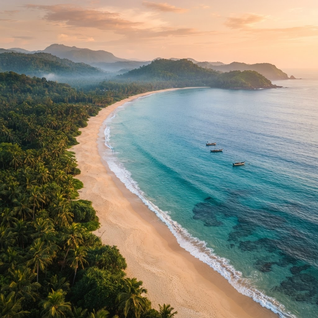 Aerial view of a quiet palm-fringed Sri Lankan beach at golden hour with turquoise water and small fishing boats