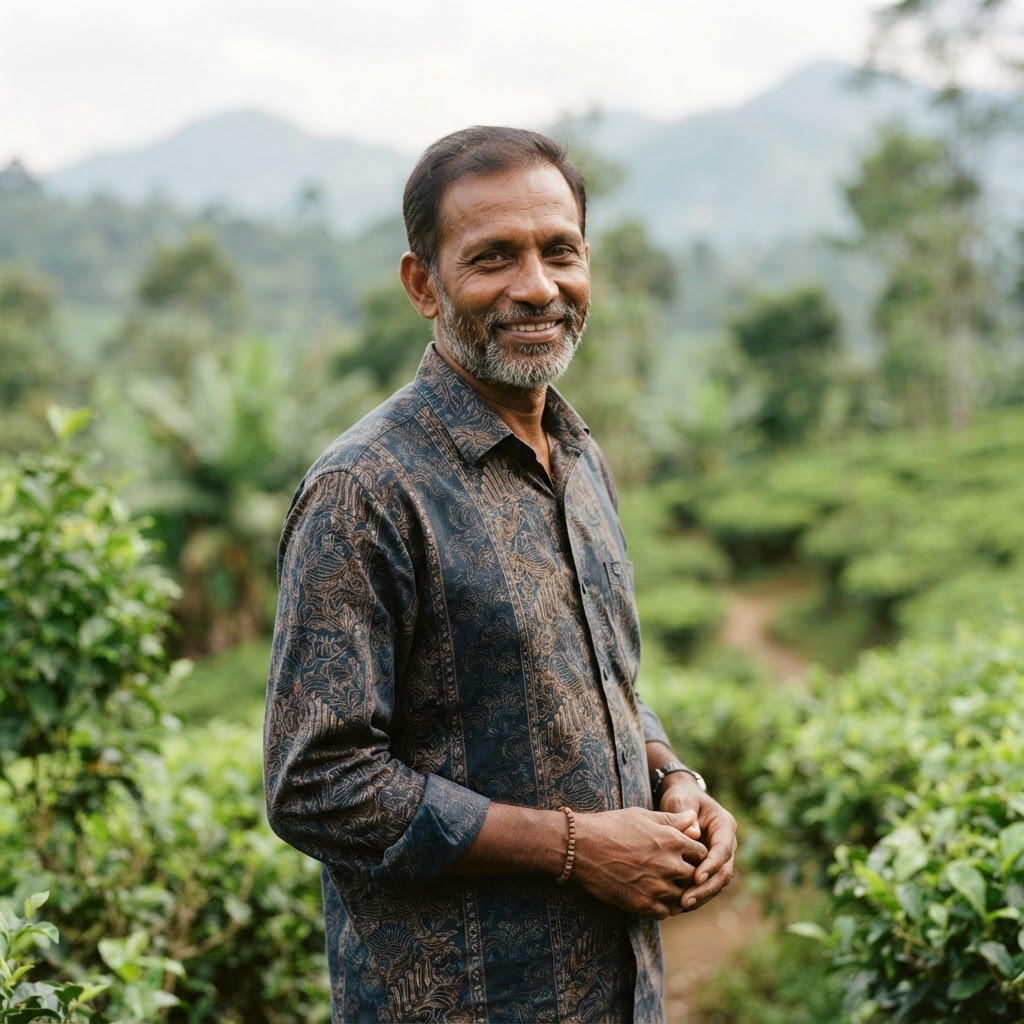 Smiling local Sri Lankan travel guide standing among tea plantations